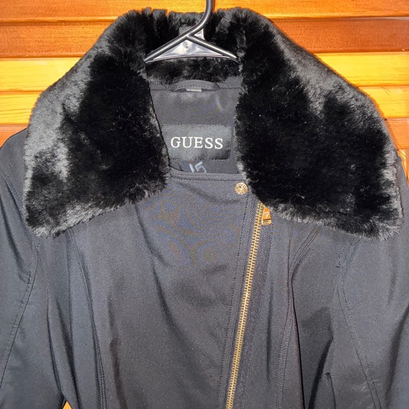 GUESS Long Black Winter Coat – Faux Fur Collar, Belted- womens size - Picture 3 of 10